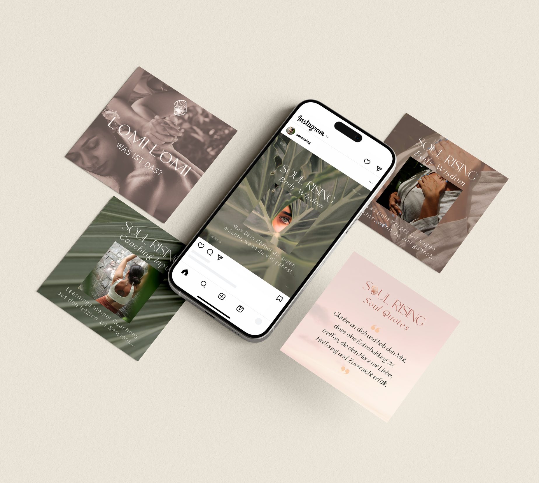 ein Handy Mock Up mit Social Media Design Vorlagen in Grün und hell Rosa